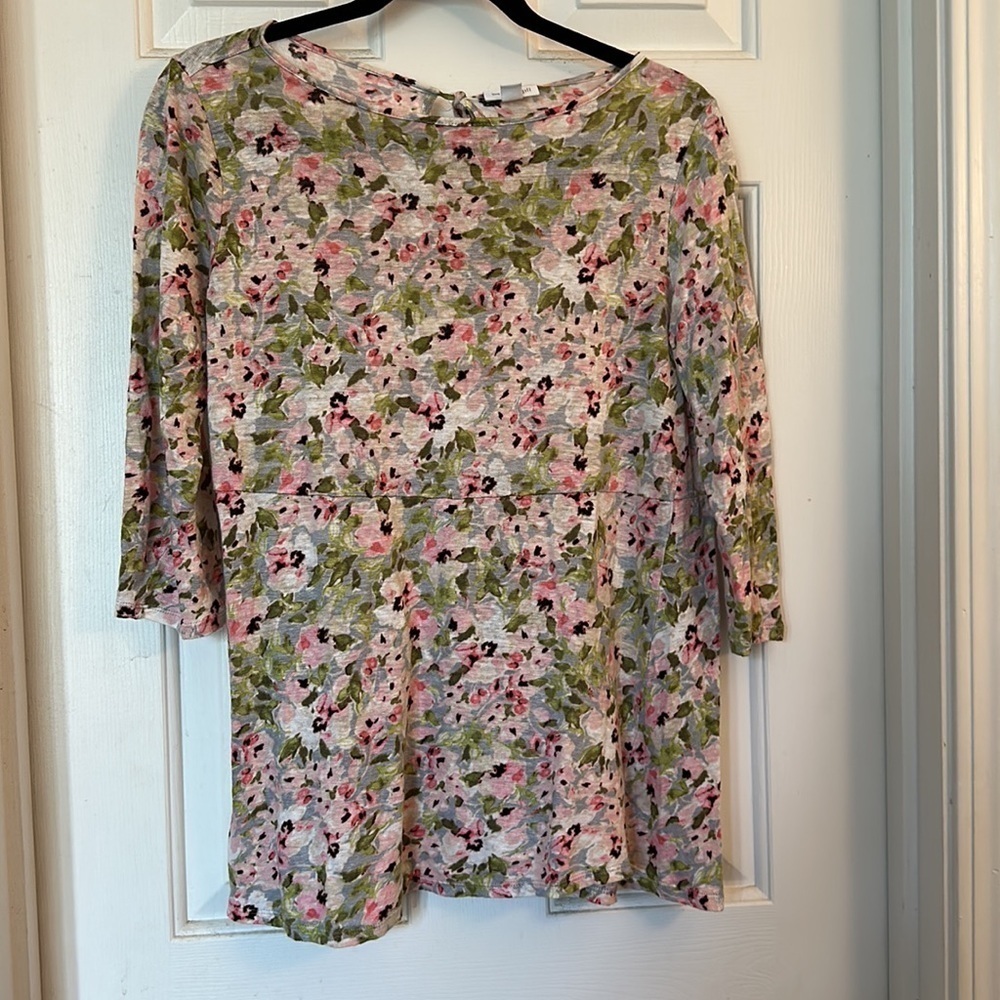 J. Jill Love Linen Springtime Floral Keyhole Tie Back Tunic Blouse Top XS - Picture 2 of 4